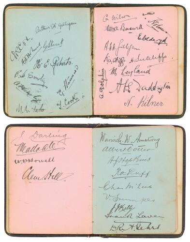 Australian tour of England 1905. Small black autograph book containing the ink signatures of the 1905 Australian tourists and many prominent Test and county players from the period.