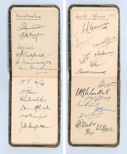 South Africa tour to Australia 1931/32. Small leather bound autograph album comprising very nice signatures in ink of twelve Australian players and sixteen members of the South African touring party. Each team signed to two pages, back to back. Australian