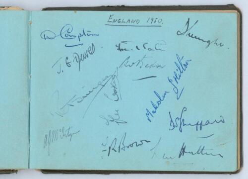 Test and County cricket autographs 1950. Autograph album comprising almost two hundred signatures signed to pages in ink of Test and County cricketers from the 1950 season. Each team signed to one side of a page, not back to back. Includes signatures of t