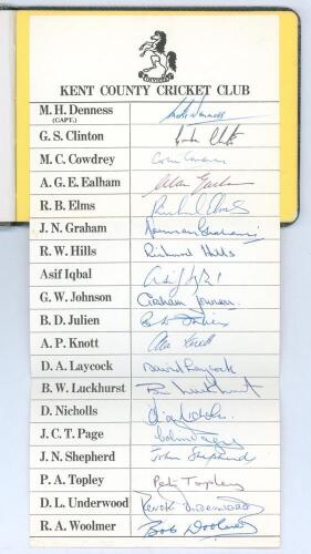 Kent C.C.C. c.1975. Autograph album comprising six signatures in ink of Kent players signed to pages back to back, and an official Kent C.C.C. printed autograph sheet laid down to page, fully signed in ink by all eighteen listed players. Signatures includ