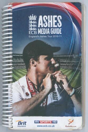 England tour to Australia 2010/11. ‘Ashes Media Guide. England Ashes Tour 2010-11’. Official spiral bound Sky Sports media guide comprising approx. eighty signatures to pages, including all seventeen featured members of the England men’s touring party pla