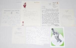 England Test cricketers 1960-2000. A collection of seven typed and handwritten letters from England Test cricketers replying to invitations to events, request for photographs, signatures etc. Signatures are Colin Cowdrey (2 letters), Brian Close, Dennis A