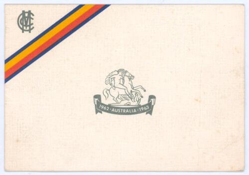 Colin Cowdrey. M.C.C. tour of Australia 1962/63. Official M.C.C. Christmas card sent by Cowdrey. Decorative covers with M.C.C. emblem and trimming in M.C.C. colours, photograph of the team to inside with Christmas greeting. Signed ‘Colin’. Good/ very good