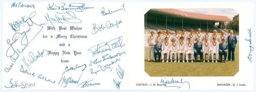 &lsquo;England tour of Australia 1978-79&rsquo;. Official England Christmas card with colour photograph of the M.C.C. touring party to inside. Nicely signed in ink to inside by twenty members of the touring party. Players&rsquo; signatures include Brearley (Captain), Botha