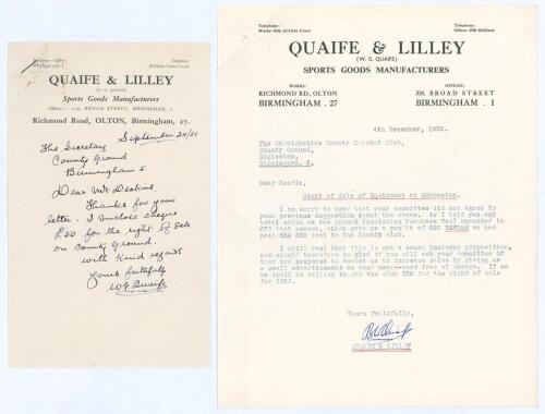 William George ‘Willie’ Quaife. Warwickshire & England 1894-1928. Two original single page letters to Leslie Deakins, Secretary of Warwickshire C.C.C., both on ‘Quaife and Lilley’ official business letterhead. One dated 24th September 1951 is handwritten 