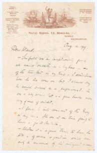 Charles Burgess Fry, Sussex & England 1892-1921. Large double sided handwritten letter from Fry, dated 12th August 1919. Writing from the T.S. Mercury Naval School to ‘Ward’, Fry is writing an endorsement for ‘Sinfield’, assumed to be Reg Sinfield (Glouce