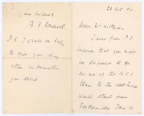 Arthur William Fitzroy Somerset. Sussex 1892-1905. Four page handwritten letter in ink, dated 22nd October 1912, to ‘Dear Mr. Littlejohn [sic]’ (Arthur Litteljohn, Middlesex 1905-1914). Somerset is writing to invite Litteljohn to join the M.C.C. party to 