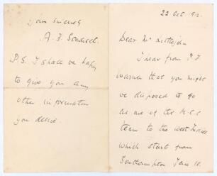 Arthur William Fitzroy Somerset. Sussex 1892-1905. Four page handwritten letter in ink, dated 22nd October 1912, to ‘Dear Mr. Littlejohn [sic]’ (Arthur Litteljohn, Middlesex 1905-1914). Somerset is writing to invite Litteljohn to join the M.C.C. party to 