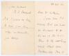 Arthur William Fitzroy Somerset. Sussex 1892-1905. Four page handwritten letter in ink, dated 22nd October 1912, to ‘Dear Mr. Littlejohn [sic]’ (Arthur Litteljohn, Middlesex 1905-1914). Somerset is writing to invite Litteljohn to join the M.C.C. party to 