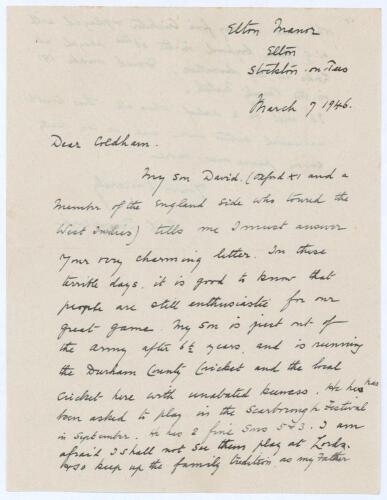 Charles Lucas Townsend. Gloucestershire & England 1893-1922. Interesting two page handwritten letter from C.L. Townsend, writing from his home in Stockton-on-Tees to Jim Coldham and dated 7th March 1946. Replying to Coldham&rsquo;s &lsquo;very charming letter&rsquo;, Towns