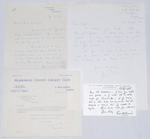 Autographed letters and photographs 1937-1988. Four letters/ notes with general cricket interest replying to requests for autographs, photographs etc. Signatures are M.J. Turnbull, Secretary of Glamorgan C.C.C., dated 21st April 1937, Herbert Sutcliffe 20