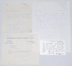 Autographed letters and photographs 1937-1988. Four letters/ notes with general cricket interest replying to requests for autographs, photographs etc. Signatures are M.J. Turnbull, Secretary of Glamorgan C.C.C., dated 21st April 1937, Herbert Sutcliffe 20