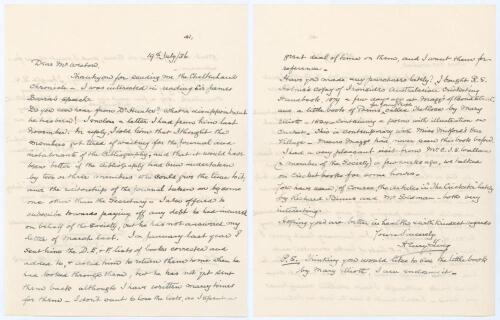 Henry Ling. Cricket writer. Two handwritten letters to Neville Weston from Ling at his home in Croydon. In one, a two page letter dated 19th July 1936, Ling is enquiring whether Weston has heard from &lsquo;Dr. [T.R.] Hunter. What a disappointment he has been&rsquo;.