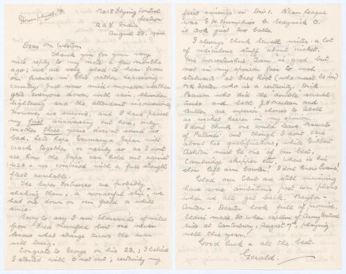 Gerald Harvey Humphries. Worcestershire 1932-34 (two matches). Four handwritten letters from Humphries to Neville Weston. The first is a miniature facsimile copy of a letter dated 17th April 1944, written while on active duty in Burma, in which Humphries 