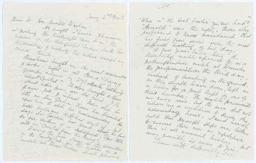 Charles Pratt Green, cricket collector and wine merchant. Three wartime letters handwritten in ink to George Neville Weston from Pratt Green writing in his typical sloping style from his Malvern home. In a four page letter dated 2nd January 1942 Pratt Gre