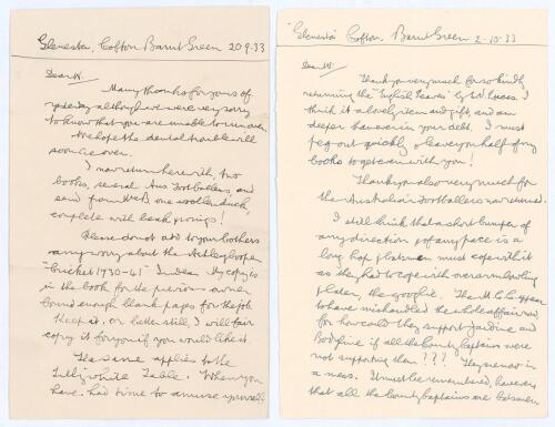C.J. Britton, cricket writer and collector. Two two page handwritten letters from Britton to George Neville Weston, one dated 20th September, the other 2nd October 1933. The subject matter of both letters mainly concerns the loan of books to and from each