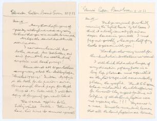 C.J. Britton, cricket writer and collector. Two two page handwritten letters from Britton to George Neville Weston, one dated 20th September, the other 2nd October 1933. The subject matter of both letters mainly concerns the loan of books to and from each