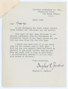 Douglas Robert Jardine. Oxford University, Surrey & England 1920-1934. Single page typed letter dated &lsquo;March 1956&rsquo; and addressed in ink to &lsquo;George&rsquo;. Writing from his business address for Scottish Australian Co. in London, Jardine is arranging the team for
