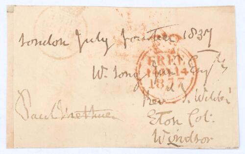 Paul Methuen. M.C.C. 1837. Signed free-front envelope to W. Long of Eton College, Windsor, dated and sent from &lsquo;London, July fourteen 1837&rsquo;. Signed &lsquo;Paul Methuen&rsquo; in black ink. Rare early signature of Methuen who played one first class match for M.C.C., i
