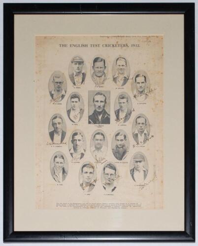 M.C.C. tour of Australia 1932/33. &lsquo;Bodyline tour&rsquo;. &lsquo;The English Test Cricketers, 1932&rsquo;. Large full page &lsquo;Supplement to The Western Mail, Perth, Western Australia 20th October 1932&rsquo;, published on the tourists&rsquo; arrival in Perth on the eve of the opening mat