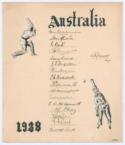 &lsquo;Australia 1938&rsquo;. Large hand illustrated card very nicely signed in black ink by all seventeen members of the Australian touring party to England in 1938 including the Manager, W.H. Jeanes. The card with title &lsquo;Australia 1938&rsquo; with excellent pen and ink i
