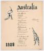 &lsquo;Australia 1938&rsquo;. Large hand illustrated card very nicely signed in black ink by all seventeen members of the Australian touring party to England in 1938 including the Manager, W.H. Jeanes. The card with title &lsquo;Australia 1938&rsquo; with excellent pen and ink i