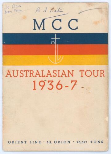 M.C.C. tour of Australia 1936/37. Official Orient Line S.S. Orion official brochure for the M.C.C. Australasian Tour 1936/37. Printed title to front wrapper with M.C.C. colours and Orient Line emblem. Signed in ink to pen pictures by all eighteen members 