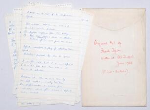 Frank Holmes Tyson. Northamptonshire & England 1952-1960. Thirteen page handwritten manuscript of detailed notes for an article by Tyson written on ruled note paper, contained in an envelope annotated to verso &lsquo;Original M.S. of Frank Tyson, written at Old