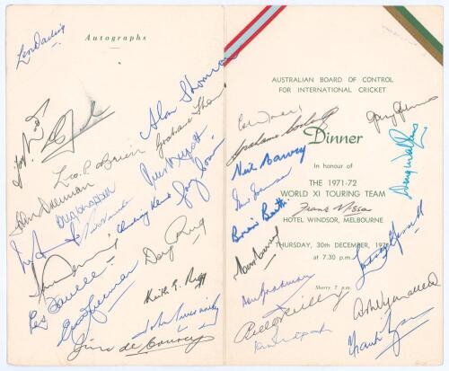 World XI tour to Australia 1971/72. Official menu for the &lsquo;Dinner in Honour of the 1971-72 World XI Touring Team&rsquo; given by the Australian Board of Control at the Hotel Windsor, Melbourne, 30th December 1971. The folding menu with Australia and World XI di