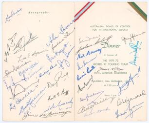 World XI tour to Australia 1971/72. Official menu for the &lsquo;Dinner in Honour of the 1971-72 World XI Touring Team&rsquo; given by the Australian Board of Control at the Hotel Windsor, Melbourne, 30th December 1971. The folding menu with Australia and World XI di
