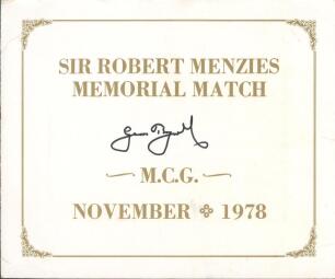 &lsquo;Sir Robert Menzies Memorial Match. Melbourne Cricket Ground, November 1978&rsquo;. Folding card commemorative folder with titles to front cover and inside a photograph of the England and Victorian teams who played in the match. The borders of the folder signed