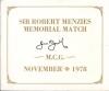 &lsquo;Sir Robert Menzies Memorial Match. Melbourne Cricket Ground, November 1978&rsquo;. Folding card commemorative folder with titles to front cover and inside a photograph of the England and Victorian teams who played in the match. The borders of the folder signed