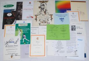 Cricket menus 1969 onwards. A collection of thirty mainly modern menus for dinners including M.C.C. dinner to the Australian tourists, Arundel 2001, Test match dinners, County and club, cricket society dinners etc. Odd signature including Geoff Boycott, M