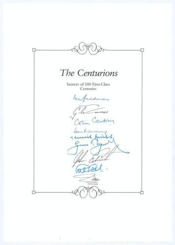 &lsquo;The Centurions- Scorers of 100 First-Class Centuries&rsquo;. Headed book insert by Boundary Books containing the signatures of nine players who have achieved the feat. Signatures, nicely signed in ink, by Don Bradman, Glenn Turner, Colin Cowdrey, Tom Graveney,