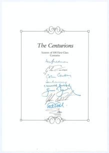 &lsquo;The Centurions- Scorers of 100 First-Class Centuries&rsquo;. Headed book insert by Boundary Books containing the signatures of nine players who have achieved the feat. Signatures, nicely signed in ink, by Don Bradman, Glenn Turner, Colin Cowdrey, Tom Graveney,