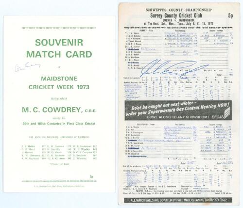 Colin Cowdrey. &lsquo;Souvenir match card of the Maidstone Cricket Week 1973 during which Colin Cowdrey scored his 99th and 100th centuries in first class cricket&rsquo;. Signed in ink by Cowdrey. Sold with an official scorecard for Surrey v Derbyshire 1977 signed by