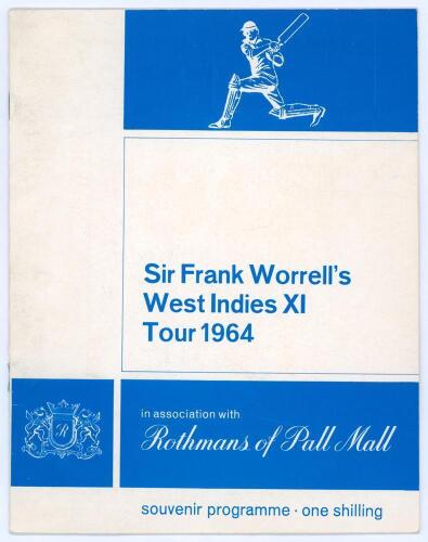 &lsquo;Sir Frank Worrell&rsquo;s West Indies XI Tour&rsquo; 1964. Official souvenir programme produced by the tour sponsors, Rothmans of Pall Mall, for the series of three matches between an England XI and a West Indies team led by Worrell. The matches were played at Scarb