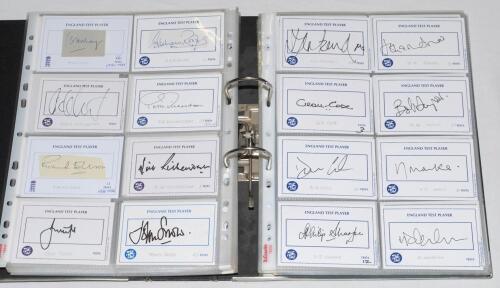 England Test cricketers 1930s-2000s. Black file comprising over four hundred signatures of England Test players, the majority signed to printed &lsquo;England Test Player&rsquo; white cards with the odd collector&rsquo;s card. The majority of earlier signatures and some ot