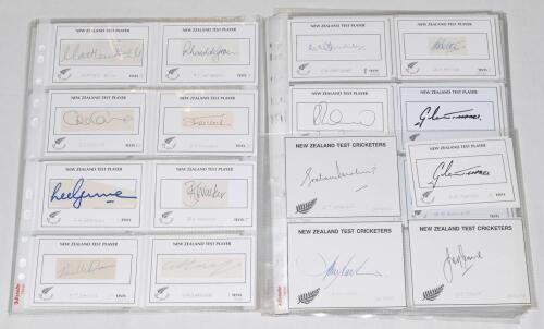 New Zealand Test cricketers 1950s-2010s. A good selection of approx. two hundred signatures of New Zealand Test players, the majority signed to printed &lsquo;New Zealand Test Player&rsquo; white cards, some signed to piece laid down. Earlier signatures include Blair