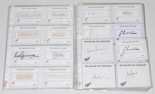 New Zealand Test cricketers 1950s-2010s. A good selection of approx. two hundred signatures of New Zealand Test players, the majority signed to printed &lsquo;New Zealand Test Player&rsquo; white cards, some signed to piece laid down. Earlier signatures include Blair
