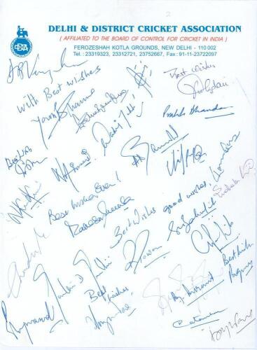 Indian Test cricketers. &lsquo;Delhi & District Cricket Association&rsquo; headed page signed in ink by twenty six Indian Test cricketers. Signatures include Vengsarkar, Sharma, Kirmani, Bhandari, Srikkanth, Kulkarni, Hirwani, Gaekwad, Chandrasekhar, Rao, Gambhir, Pr