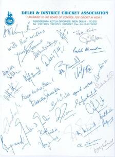 Indian Test cricketers. &lsquo;Delhi & District Cricket Association&rsquo; headed page signed in ink by twenty six Indian Test cricketers. Signatures include Vengsarkar, Sharma, Kirmani, Bhandari, Srikkanth, Kulkarni, Hirwani, Gaekwad, Chandrasekhar, Rao, Gambhir, Pr