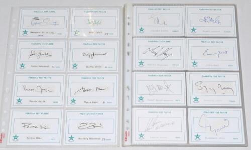 Pakistan Test cricketers 1960s-2000s. A good selection of over one hundred signatures of Pakistan Test players, mainly signed to printed &lsquo;Pakistan Test Player&rsquo; white cards. The majority of earlier signatures and others signed to piece laid down. Earlier s