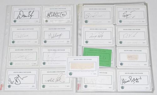 South African Test cricketers 1930s-2010s. A good selection of approx. one hundred signatures of South African Test players, mainly signed to printed &lsquo;South Africa Test Player&rsquo; white cards with the odd trade card. The majority of earlier signatures and ot