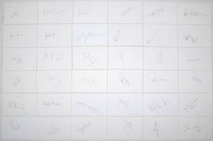 Test, International and County cricket signatures 1970s onwards. Thirty six plain white postcards, each signed individually. Signatures include Geoff Arnold, Robert Croft, Kim Barnett, Alan Mullally, Martyn Moxon, Darren Maddy, David Lloyd, Mark Ilott, Gr