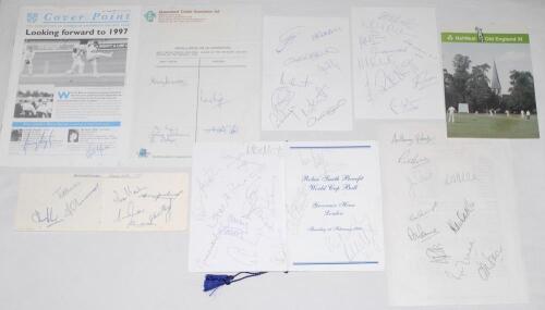 Autographed cricket ephemera 1960s-1990s. A mixed selection of album pages, official autograph sheets, menu, invitations, newsletter etc. comprising a total of over seventy signatures, the majority England Test and County players, with the odd overseas. I