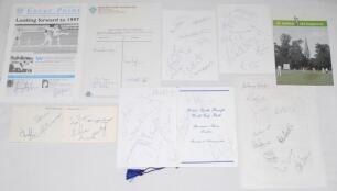 Autographed cricket ephemera 1960s-1990s. A mixed selection of album pages, official autograph sheets, menu, invitations, newsletter etc. comprising a total of over seventy signatures, the majority England Test and County players, with the odd overseas. I