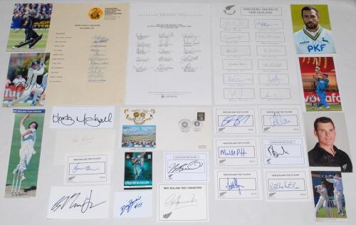 New Zealand 1950s-2010s. Twenty one signatures of mainly modern New Zealand cricketers on &lsquo;Test Cricketer&rsquo; cards, plain cards, colour photographs, trade card, cuttings etc. Signatures include Blair, Howarth, C. Cairns, O&rsquo;Brien, D. Bracewell, Bond, Oram, P