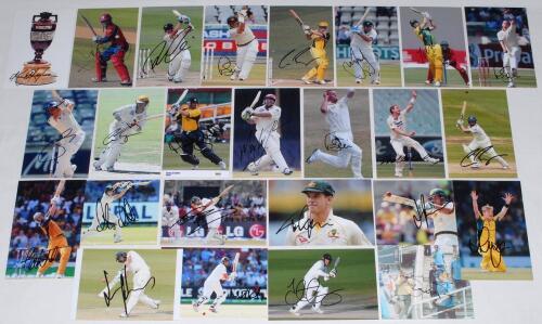 Australian Test and State cricketers 1940s-2010s. Approx. sixty signatures of mainly modern Australia Test and State cricketers on &lsquo;Test Cricketer&rsquo; cards, plain cards, trade cards, colour photographs and postcards. Signatures include George Tribe (signed 