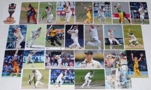 Australian Test and State cricketers 1940s-2010s. Approx. sixty signatures of mainly modern Australia Test and State cricketers on &lsquo;Test Cricketer&rsquo; cards, plain cards, trade cards, colour photographs and postcards. Signatures include George Tribe (signed 